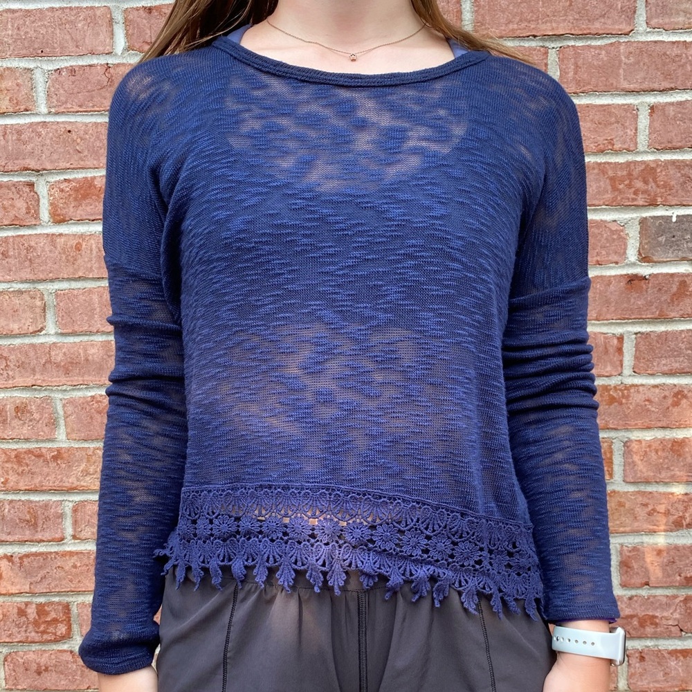 Rewind Navy Crop Sweater with Lace Detail